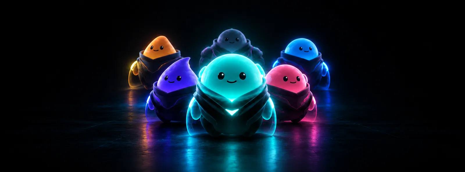 Six FortisSwarm agents standing as one team — the lead agent in front, five more behind it on a lit floor.
